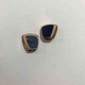 Statement Big Gold Tone Navy Blue Enamel Clip On Earrings